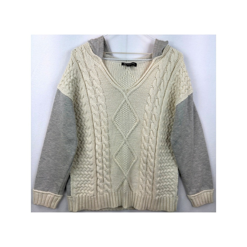 INC International Concepts Cable Knit Hoodie Womens Large White Grey Mixed Media